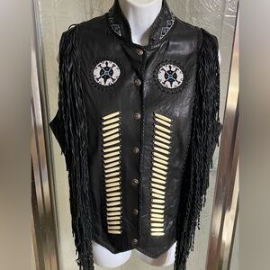 Vintage A.M. Bernardo beaded fringed leather vest